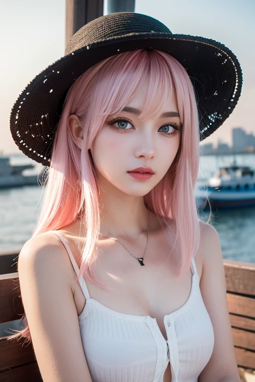 Light pink hair, Pink Eyes, At the port, Vibrant colors, steampunk, blouse white、Paint Splash, Sunset behind, Ray Tracing, Wavy long hair、Straw hat