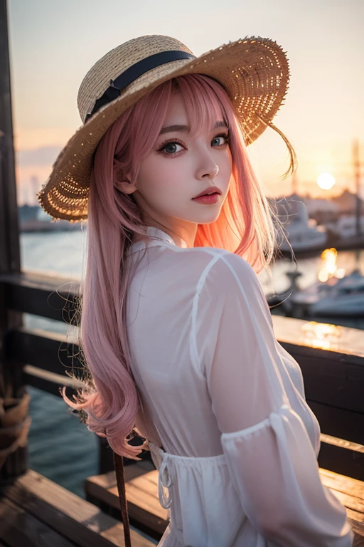 Light pink hair, Pink Eyes, At the port, Vibrant colors, steampunk, blouse white、Paint Splash, Sunset behind, Ray Tracing, Wavy long hair、Straw hat