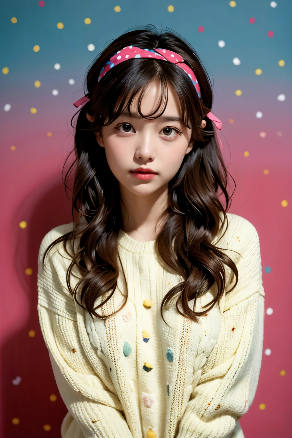 (masterpiece, best quality:1.2), 1 girl, alone,wavy hair,Ribbon headbands,polka dot sweater,sweater detail,Colorful backgrounds,