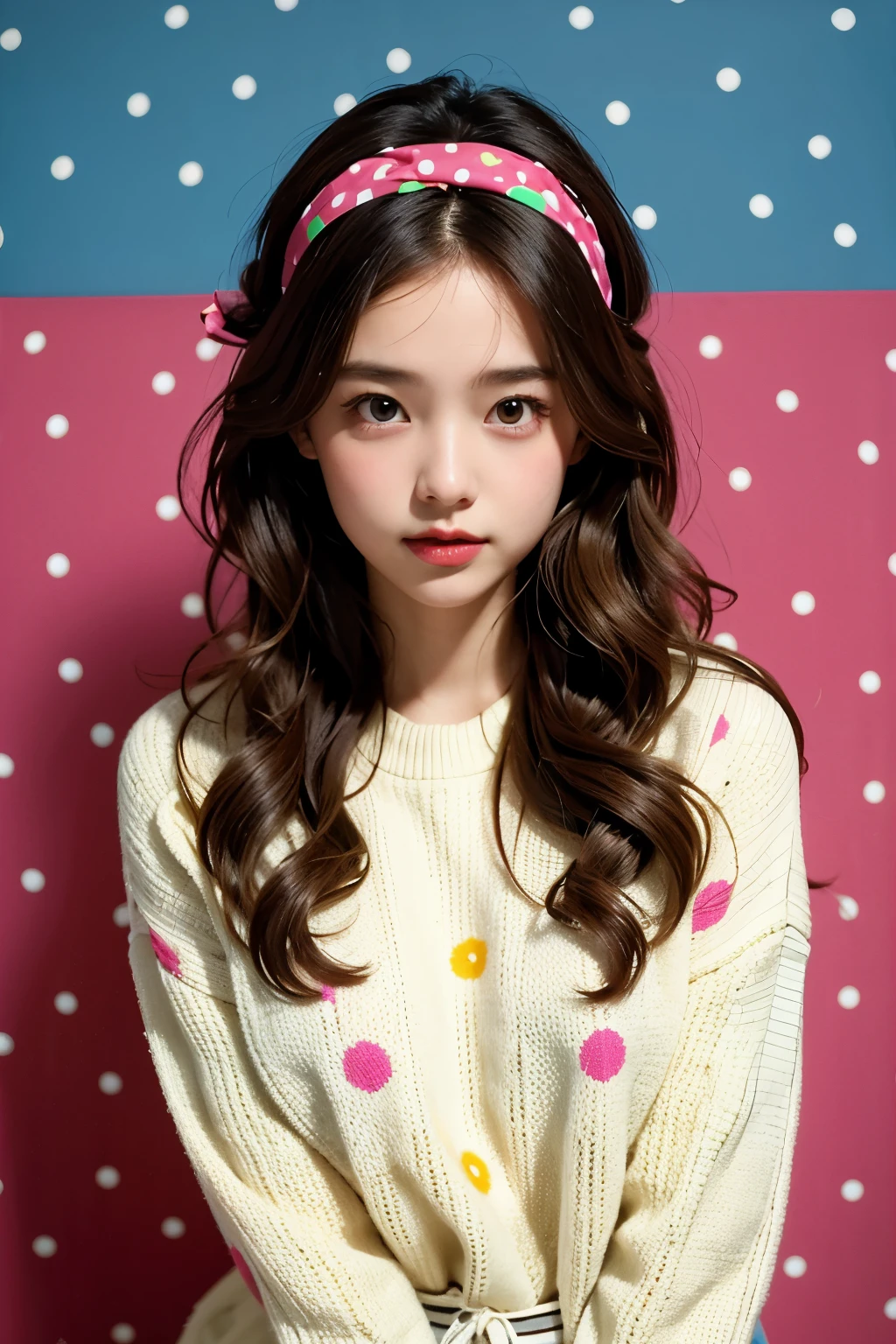 (masterpiece, best quality:1.2), 1 girl, alone,wavy hair,Ribbon headbands,polka dot sweater,sweater detail,Colorful backgrounds,