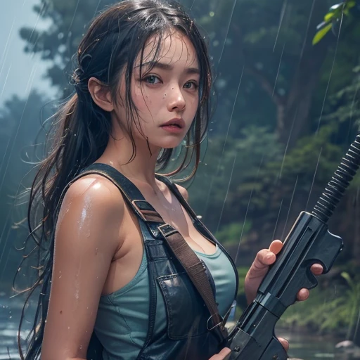 A girl with wet hair and wet skin wearing wet clothes, Realistic assault rifle in hand. Portraits require attention to detail, high quality, 4K or 8K resolution, Similar to Masterpiece. The skin texture should be realistic and the overall image should have a photorealistic style. The colours must be vibrant, The lighting should emphasize the wetness of the hair..., skin, And clothes.Soak waist-deep in the river
