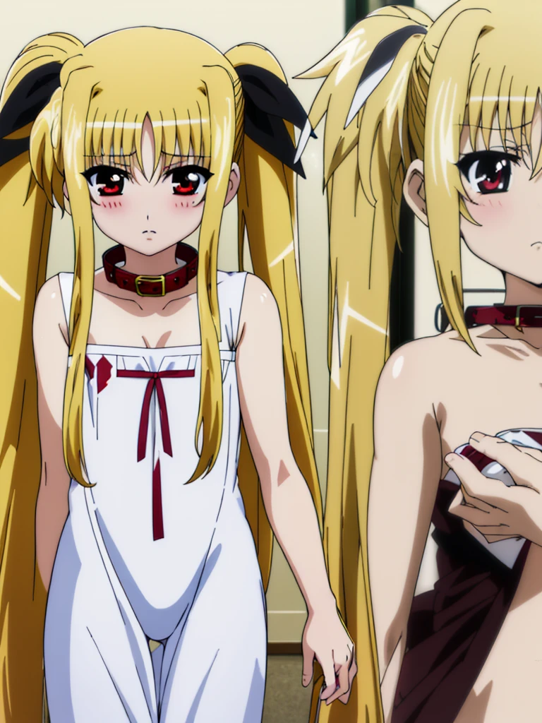Fate Testarossa , lyrical nanoha , (((highres official art))) , (((Anime Pinups))) , (((1girl))) , (((solo))) , (((blondehair))) , (((twintails))) , (((black ribbon))) , (((red eyes))) , (((collar))) , Toddler , tiny body, small stature , immature body , flat chest , blush , shy