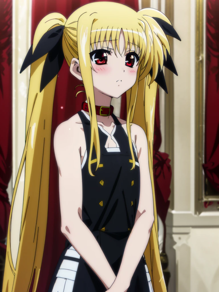 nsfw , Fate Testarossa , lyrical nanoha , (((highres official art))) , (((Anime Pinups))) , (((1girl))) , (((solo))) , (((blondehair))) , (((twintails))) , (((black ribbon))) , (((red eyes))) , (((collar))) , Toddler , tiny body, small stature , immature body , flat chest , (((beautiful face))) , (((head on pillow))) , (((lying on back)))