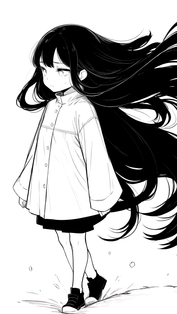 best quality, chibi, 1 girl,Long black hair,(full body), Pure white background,Vivid,clearly,sad face,rain,snow,Are crying,shout,Very long black hair blowing in the wind,Walking,Looking for something