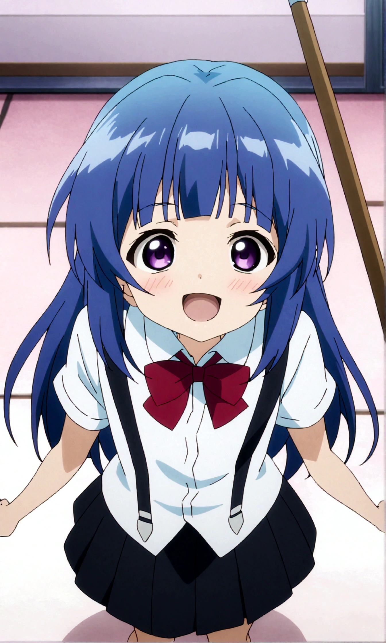 score_9,score_8, score_8_up, BREAK 1girl, solo, furude rika, (tween), kawaii, blue hair, purple eyes, long hair, blunt bangs, bangs,straight-on,from above, bow, skirt, shirt, suspenders, smile, short sleeves, pleated skirt, white shirt, open mouth, :d, red bow, facing viewer,^_^, suspender skirt, , black skirt, collared shirt, blush, bowtie, blunt bangs, dress shirt,masterpiece, best quality, source_anime,anime screencap,anime coloring,standing,fullbody,w arms,holding mop,simple background, white background.