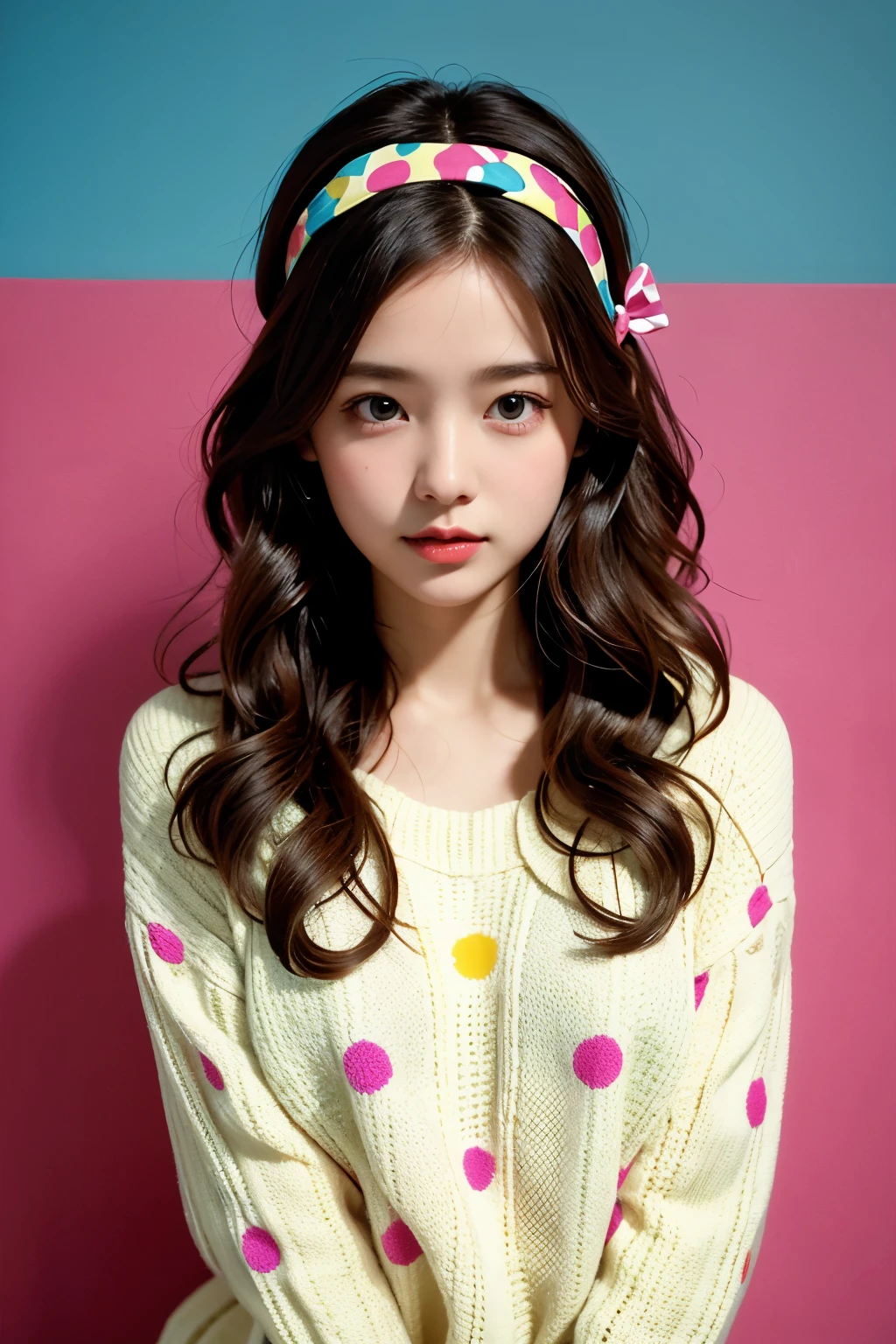 (masterpiece, best quality:1.2), 1 girl, alone,wavy hair,Ribbon headbands,polka dot sweater,sweater detail,Colorful backgrounds,