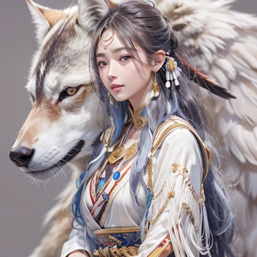 Shirakami-Sanchi、Hair flow、 ((highest quality、masterpiece、8k、Best image quality、Ultra-high resolution、Award-winning works)、(Accurate anatomy:1.1)、(Look at me and smile:1.1)、Shining fair skin with Ultra-high resolution、The most detailed face、Ultra-high resolution detailed face、Ultra-high resolutionの髪の毛、(Ultra-high resolutionの煌めく瞳:1.1)、Beautiful face drawn in every detail、(Blurred Background:1.1)、Native American white costume, American Indian Clothing, Chest to chest, tattoo、A real giant condor next to you。Observe the white wolf