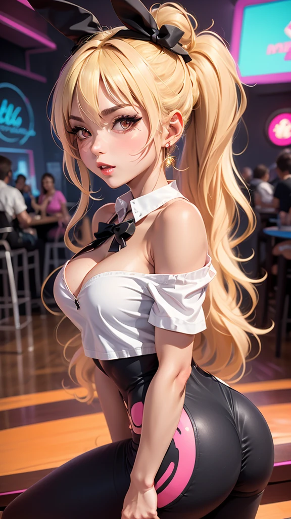 back shot,bunny girl,blond hair,collar bow_tie,morphsuit off_shoulder,leggings,casino,tanned skin, eye makeup,brwon skin,tannedRETRO ART STYLE, NEON_POP ART STYLE, ART STYLE