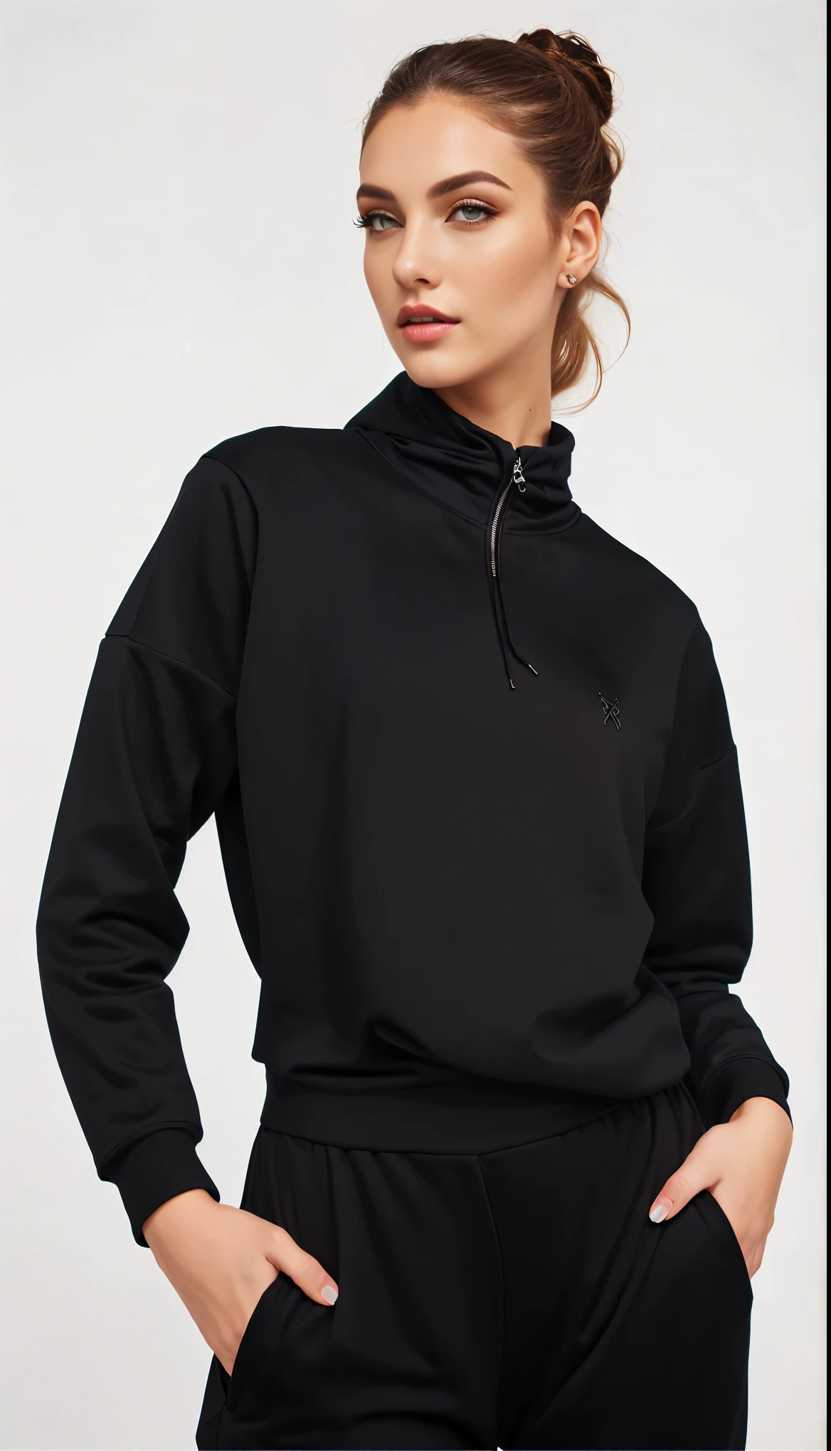 a woman in a preto suorshirt and pants posing for a picture, preto suorer, preto, preto clothing, mangas compridas, casual preto clothing, onyx, suor, preto turtleneck, preto jacket, bolero, Imagem detalhada, wearing suorshirt, f / 2 0, preto turtle neck shirt, preto hoodie, basic, wearing a preto suorer, jovana rikalo, splendid
