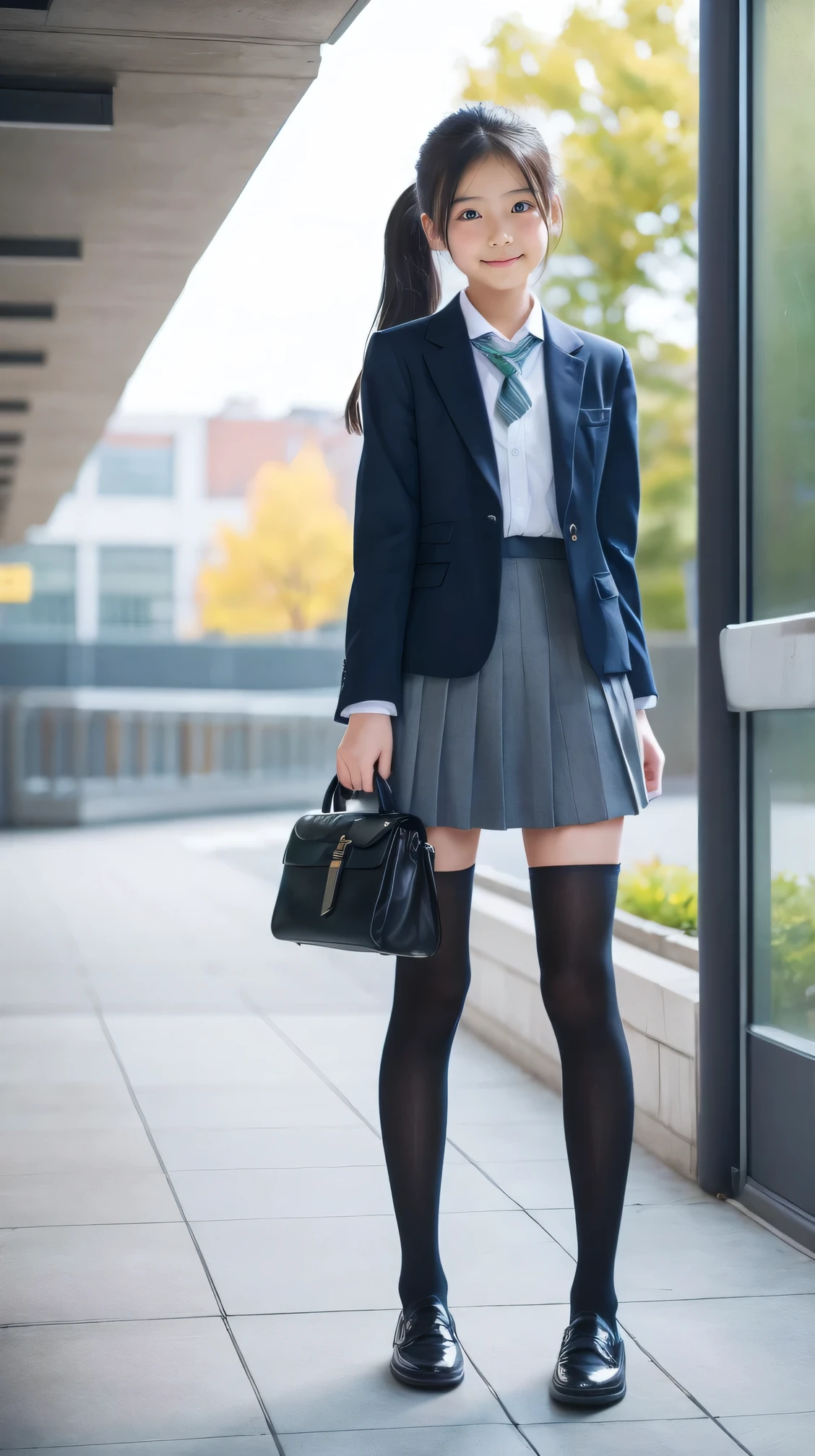 Great quality、8k、flying debris、(RAW Photos:1.4)、High resolution、((Composition away from the subject))、((Full body photo from face to ankles))、((Perfect Anatomy))、1 female 14 years old、Small stature、Detailed skin、Glowing Skin、Baby Face、double eyelid、eyes with long eyelashes、Small face、smile、Open your mouth、ponytail、Staring out the window in the school hallway、Stretch your back、The windows provide natural light、Realistic school scenery、middle School girl、Blue and grey school bag on shoulder、Slender and delicate body、Small breasts、A blazer uniform with green lines、girl 、Check skirt、healthy、young woman、black tights、black tights、Black knee-high socks、Brown loafers、loafers、Full Body Shot、Beautiful Hairstyles、Accentuates very slim legs