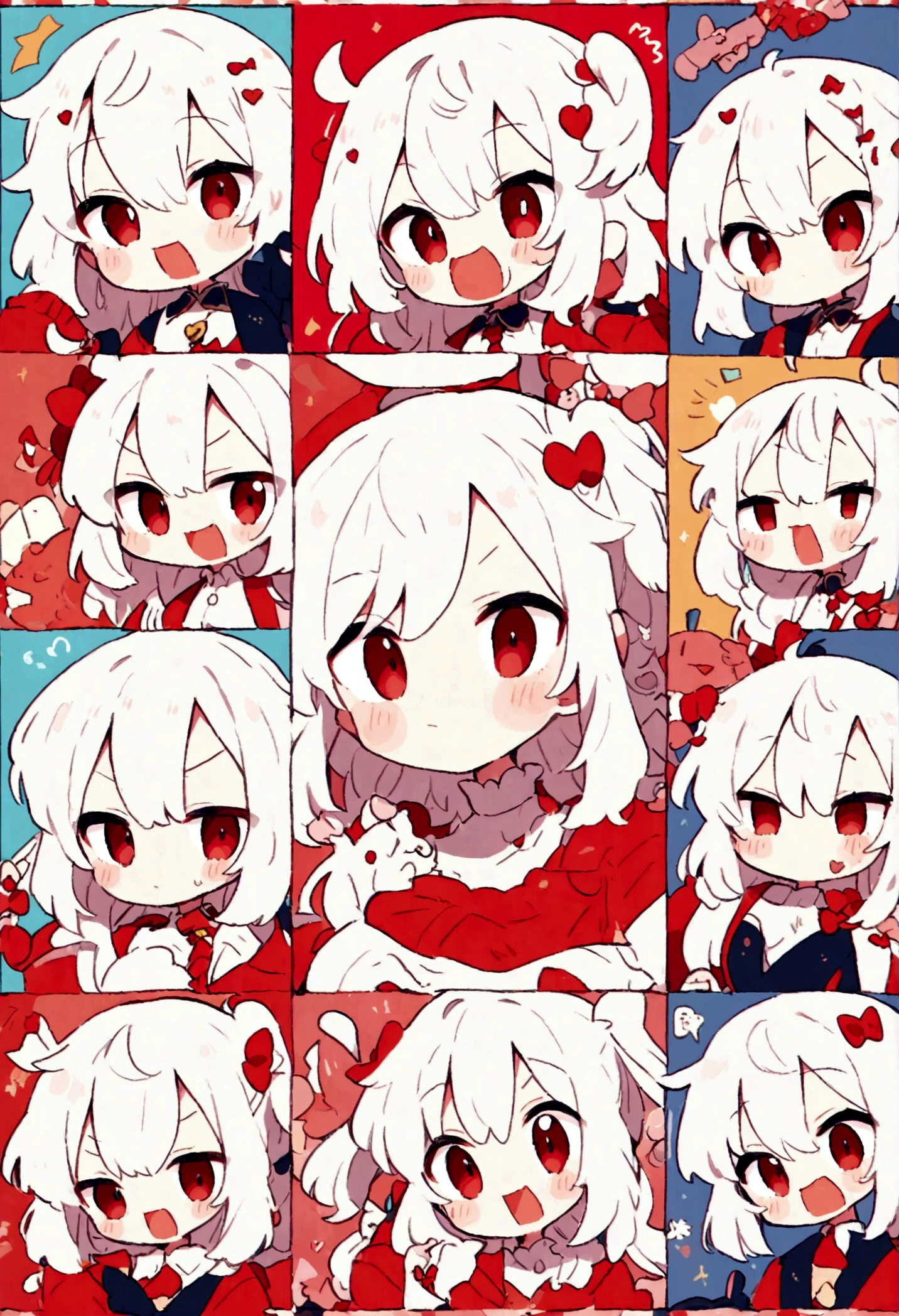 Cute kawaii style anime girl,White hair and red eyes cute style,Comic exaggerated expression,Expressions and movements,Exaggerated movements,hapiness,anger,sad,surprise,hapiness等,Various emotions,White background,Q version,Nine-grid,Nine different expressions