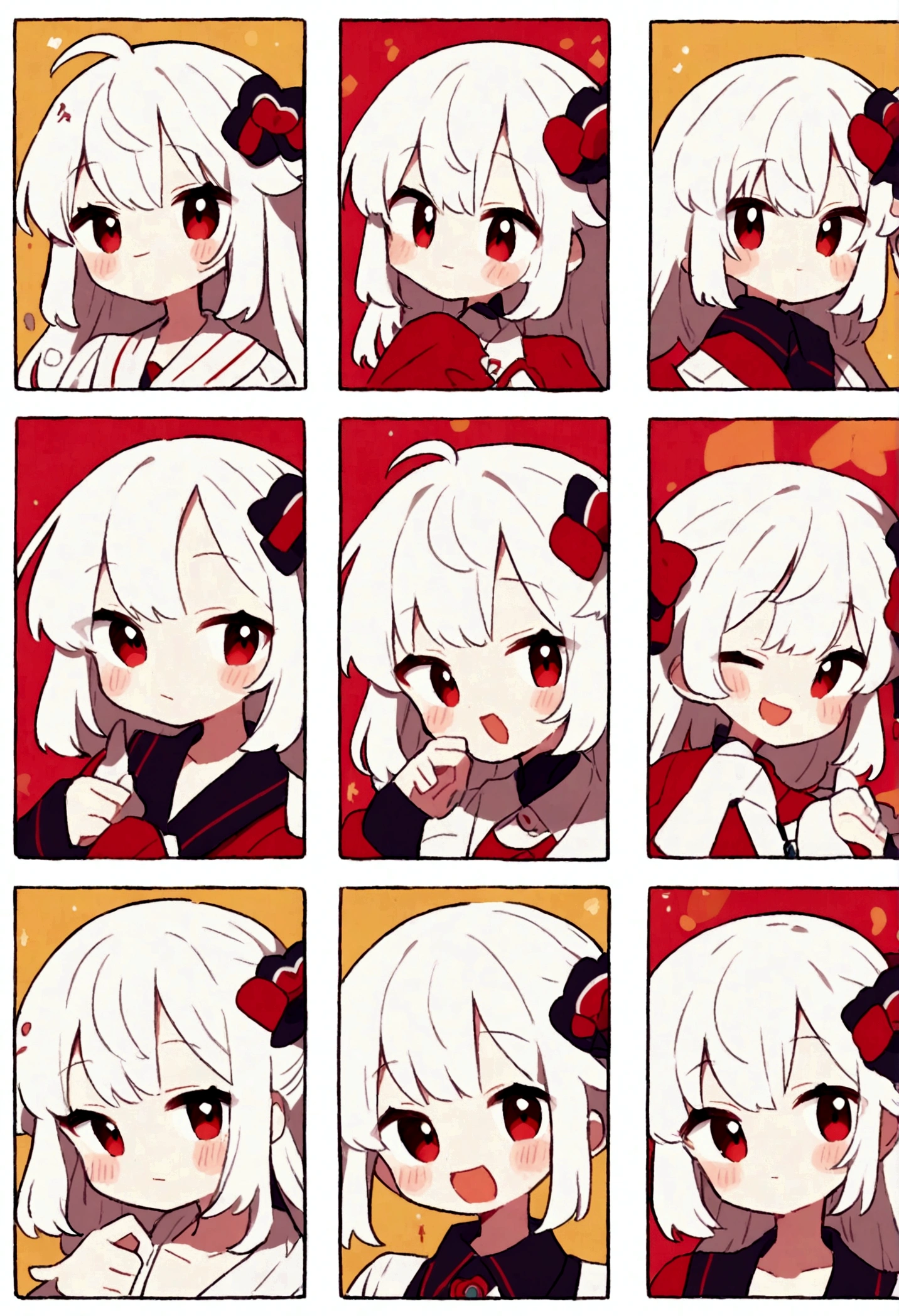 Cute kawaii style anime girl，White hair and red eyes cute style，Comic exaggerated expression，Expressions and movements，Exaggerated movements，hapiness，anger，sad，surprise，hapiness等，Various emotions，White background，Q version，Nine-grid，Nine different expressions