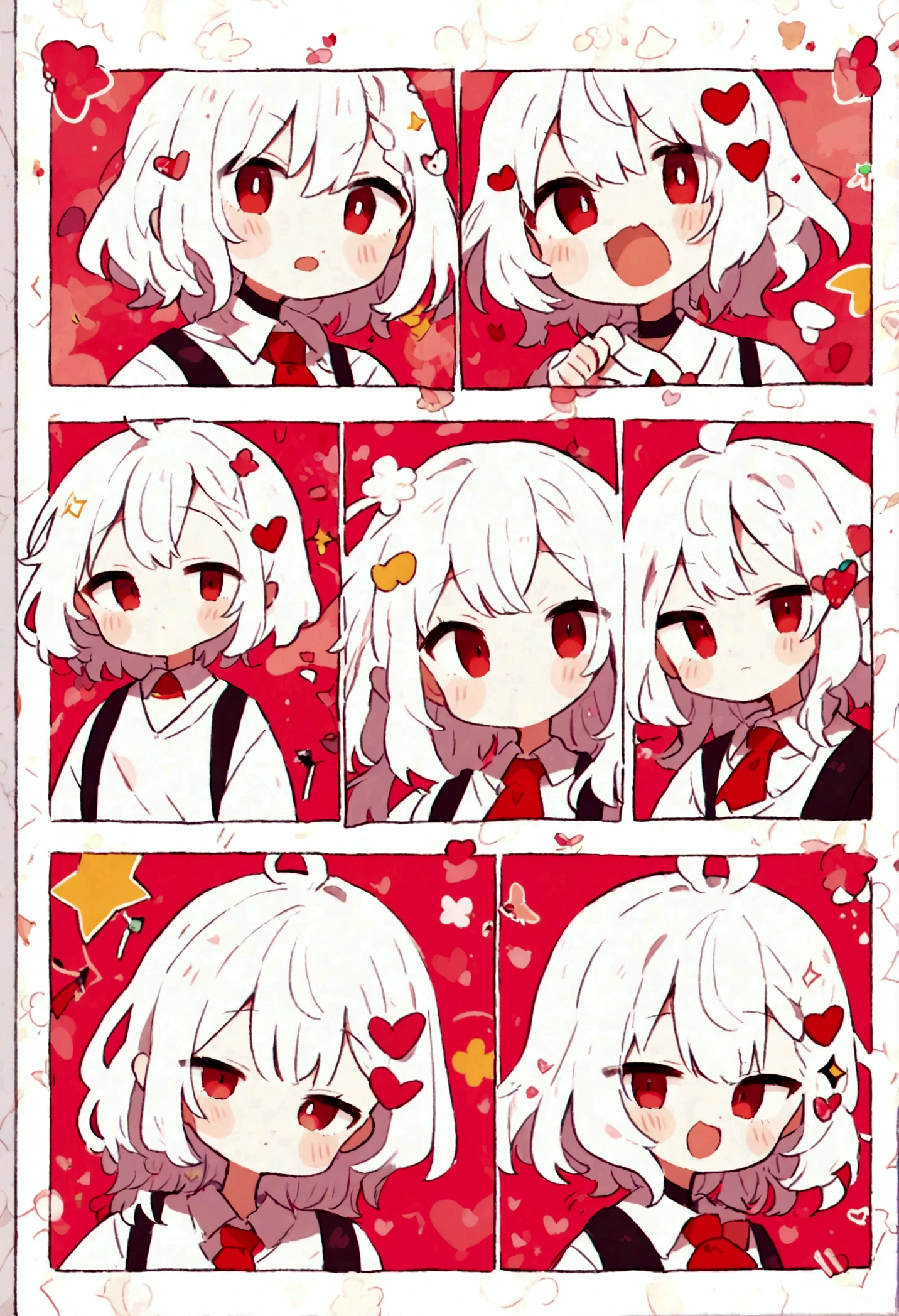 Cute kawaii style anime girl,White hair and red eyes cute style,Comic exaggerated expression,Expressions and movements,Exaggerated movements,hapiness,anger,sad,surprise,hapiness等,Various emotions,White background,Q version,Nine-grid,Nine different expressions