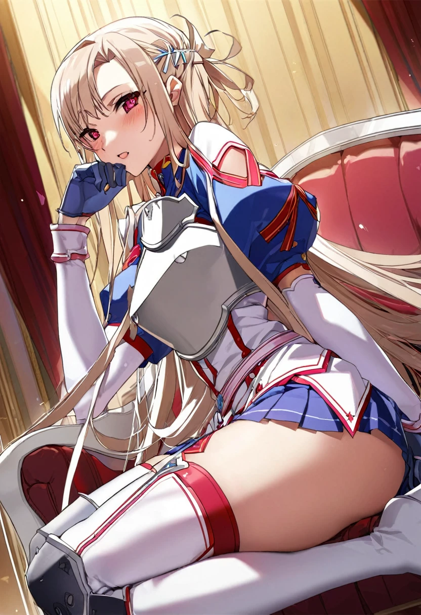 masterpiece, highest quality, High resolution　Magical Girl Asuna、Puff sleeves、Shoulder rest、Silver Breastplate、Pleated skirt、Long gloves、Thigh-high stiletto long boots、Knee pads、brooch、Hair clip、Hair Ribbon、