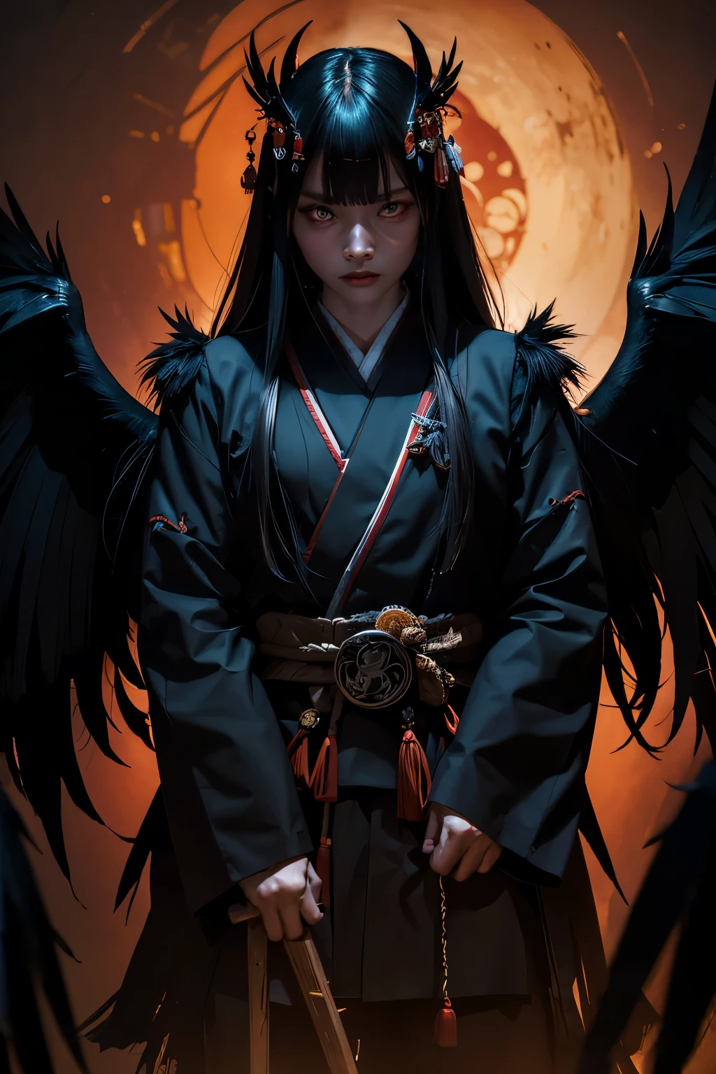 Japanese Yokai/Old tales/Raven Tengu/Real/Horror/Fantasy/dark/Dignity/and/force/Solemn/Battle Scenes/Black wings/front/monster
