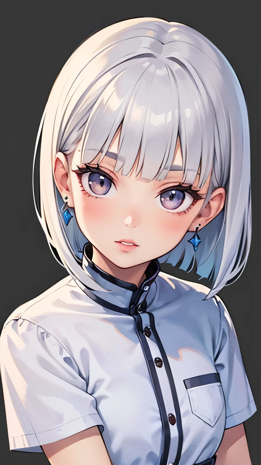 (Best quality, masterpiece), 1 Girl, beautiful girl, brown_eyes, ((hair color [Silver hair], [Pixie haircut with bangs] hair)), Earrings, lips, short sleeves,realistic, slim waist, charming, colorful makeup, long eyelashes, bright skin, (Cute), (Детальed face), Детальed eyes, Детальed iris, 