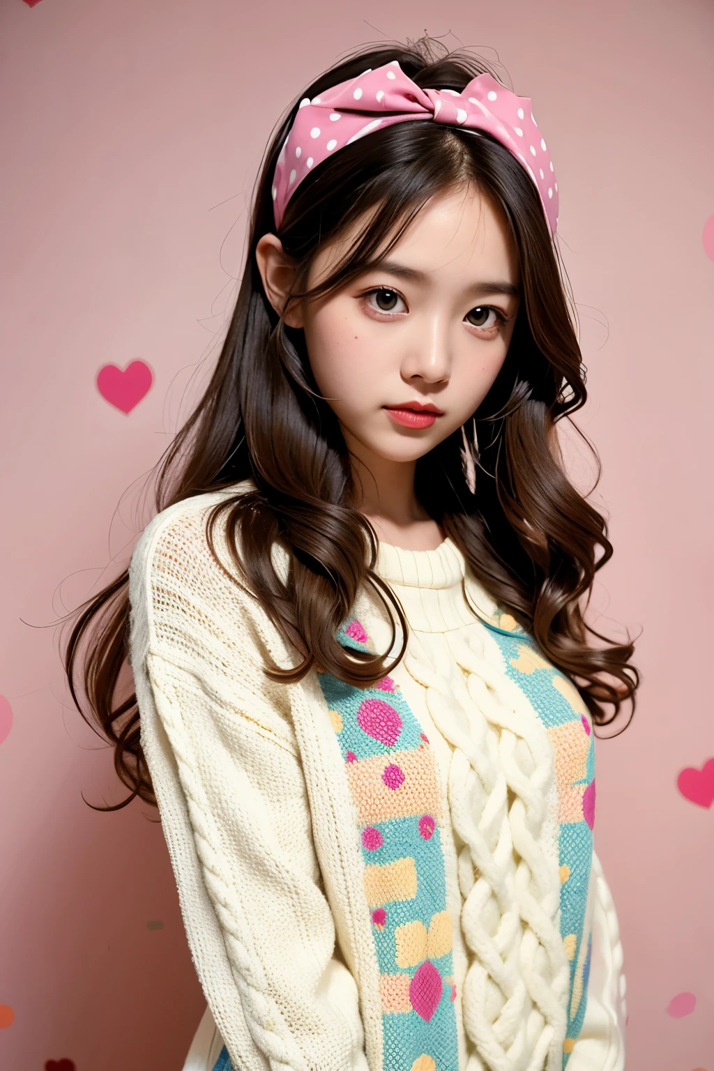 (masterpiece, best quality:1.2), 1 girl, alone，wavy hair，Ribbon headbands，polka dot sweater，sweater detail，Colorful backgrounds,