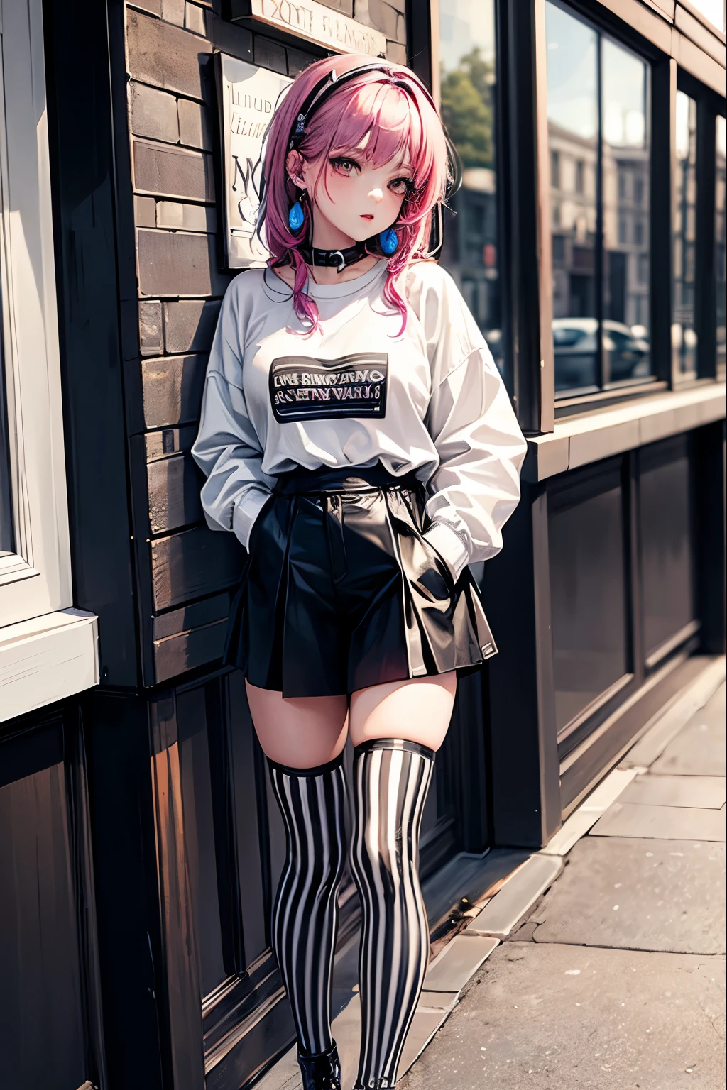 masterpiece, best quality, ultra hd, 1girl, alt, alt girl, alternative, alternative girl, casual alternative clothing, outdoors, striped thigh-highs, earrings