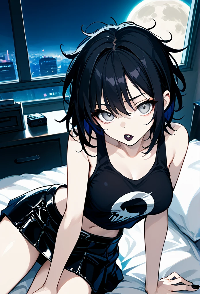 mature woman, goth, hot face, black lipstick, tongue out, bored expression, pissed expression, hot face, sharp eyes, gray eyes, short hair, messy hair, black hair, slim body, medium breast, sitting on bed, bed next to window, above view, apartment room, plain white room, (dim lighting room, dark room, night, moon light, night view), looking up at viewer, (short skirt, leather skirt, tank top, midriff, black clothes)