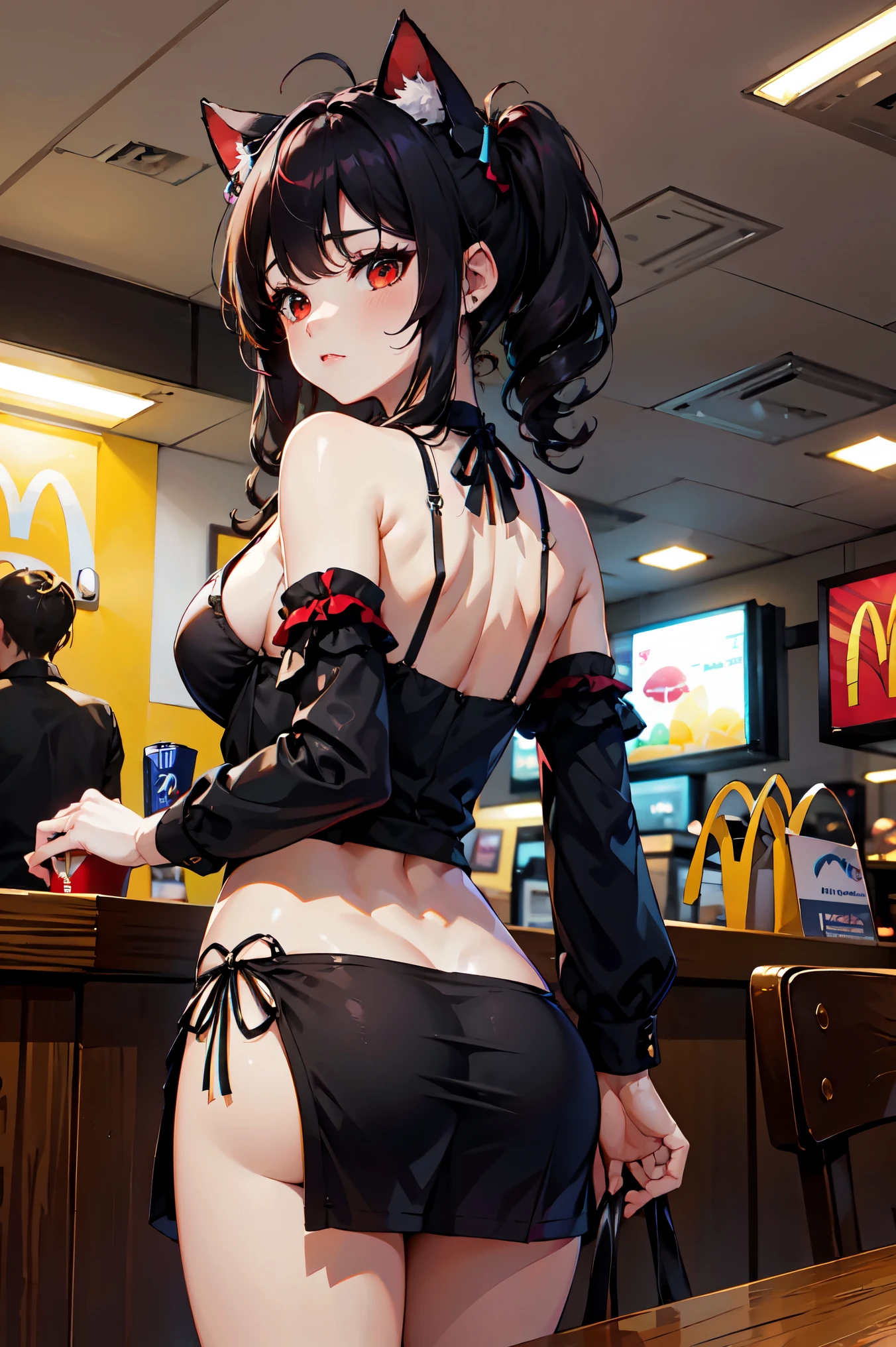 obra maestra, Of the highest quality, high resolution, junkotvv
tiro de vaquero, vista frontal,
Atractivo escote de cajero de mcdonalds maduro, mcdonalds, Edge lighting,
1 chica, alone, pelo largo y negro, red eyes, pechos medianos, orejas de gato
Mirando al espectador,
hermoso rostro, Hermosos y detallados ojos rojos., Cuerpo hermoso, Hermosos pechos, Hermosos muslos,
