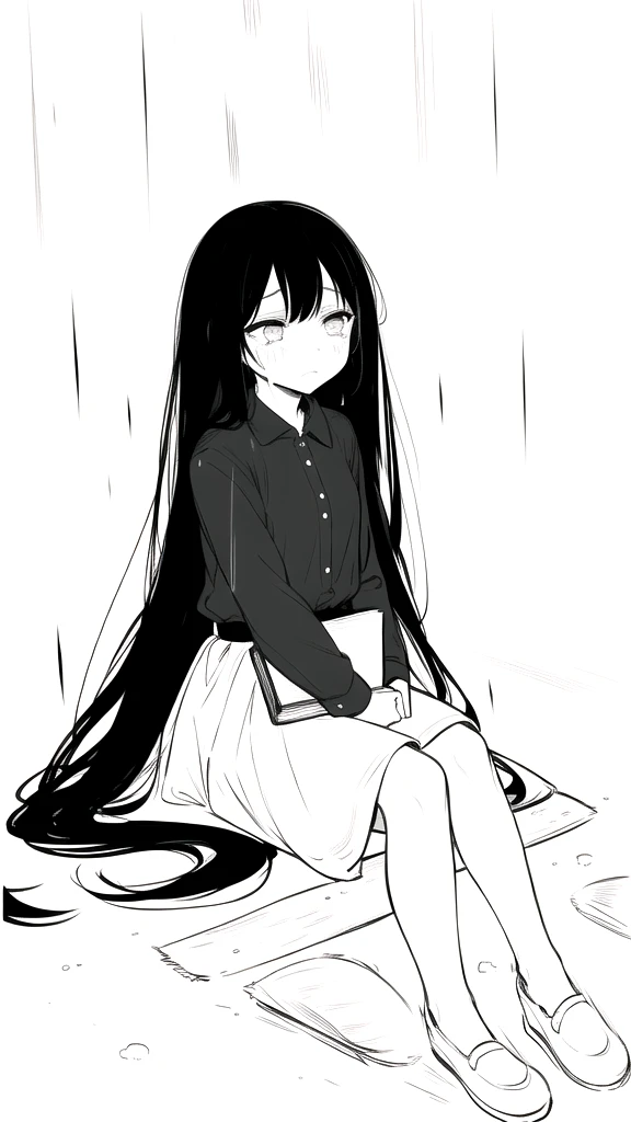 best quality, chibi, 1 girl,Long black hair,(full body), Pure white background,Vivid,clearly,sad face,rain,snow,Are crying,shout,Very long black hair blowing in the wind,Looking for something,Slump down with a book,Sit down