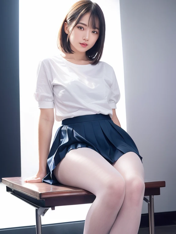 Ultra realistic 8K CG, Picture-perfect face, flawless, clean, masutepiece, Professional artwork, famousartwork, Perfect face, Beautiful face, Beautiful eyes, ((Perfect female body)), Solo,(Immersive atmosphere, Chiaroscuro:1.5,Bright light:1.2,Luminous lighting)
,,(blush:0.5),fascinated expression,Extremely detailed_Eyes,thick thighs,Large breasts,
beautifullydetailedbackground,depth of fields,Realistic:1.3, longshot,1girl in,Shirt,Pleated skirt, , Sitting, Full body, 
(ambient lights:1.3),(Cinematic composition:1.3),(nffsw:0.1), Professional Lighting, White pantyhose,