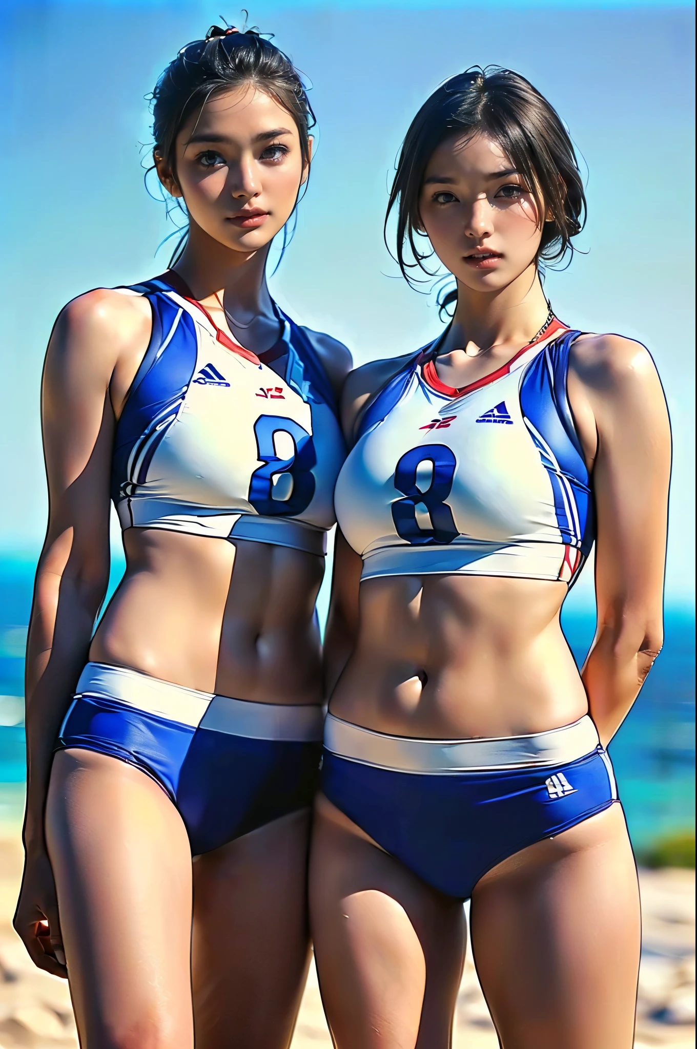 (Two Women),(Two beach volleyball players standing side by side:1.5),(Japanese),(Same beach volleyball team:1.5),(Beach volleyball tiny bikini uniform:1.3),(Wearing the same uniform:1.5),(short hair:1.3),break(whole body:1.5),(Beautiful Eyes),(Beautiful Face),(Very detailedな顔:1.5),(Very detailedな女性の手:1.5),(Sunburned skin:1.3),(Muscular:1.3),(Thick thighs:1.5),(The background is a clear blue sky:1.2),(((Blur the background:1.5))),(Gentle light:1.5),(Written boundary depth:1.5),break((((masterpiece:1.5),(highest quality:1.5),(Very detailed:1.5),(High resolution:1.5),(Realistic:1.5),(Realistic:1.5))),8k