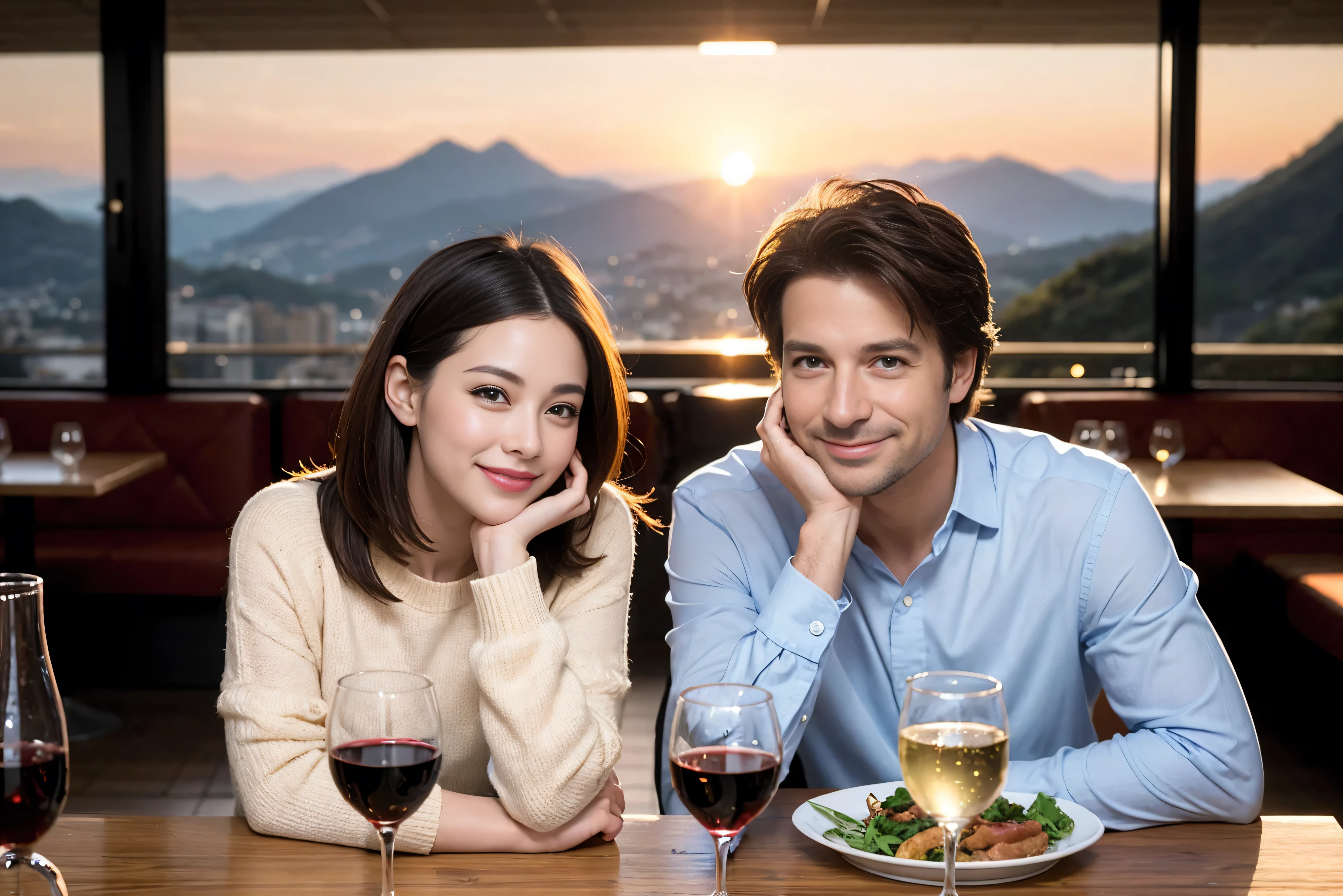 ((highest quality、8k、masterpiece:1.3))、1 male、1 female、lover、Beautiful couple、Smile、 (Slim face), (the body is スリム), (Brown Hair), (Shortcuts), ((Bob Hale、Straight hair:1.2)), Wine glass on the table、Please shine a light on my face、 Amazing view of the sunset sky and clouds、Amazing mountain views、The beauty of a smile、Bright image、Blushing, Shortcuts,Bright Face、 (42 years old), 39 years old, red wine 、Appetizers、Italian food、Wine bottle、Champagne、sparkling wine、Long sleeve shirt、dress、Attractive beauty、restaurant, Nova Frog Style, actress, model, Upper Body, White wine, red wine, wine glass, 