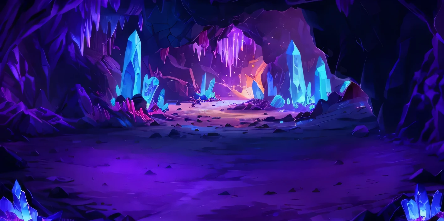 Crystal mine scene，No buildings，There is no house，middle Ages，Horizontal，Cartoon，Clean ground，Isometric 2D Game Art， masterpiece， Super detailed good quality