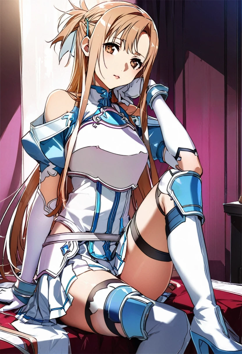 masterpiece, highest quality, High resolution　Magical Girl Asuna、Puff sleeves、Shoulder rest、Silver Breastplate、Pleated skirt、Long gloves、Thigh-high stiletto long boots、Knee pads、brooch、Hair clip、Hair Ribbon、