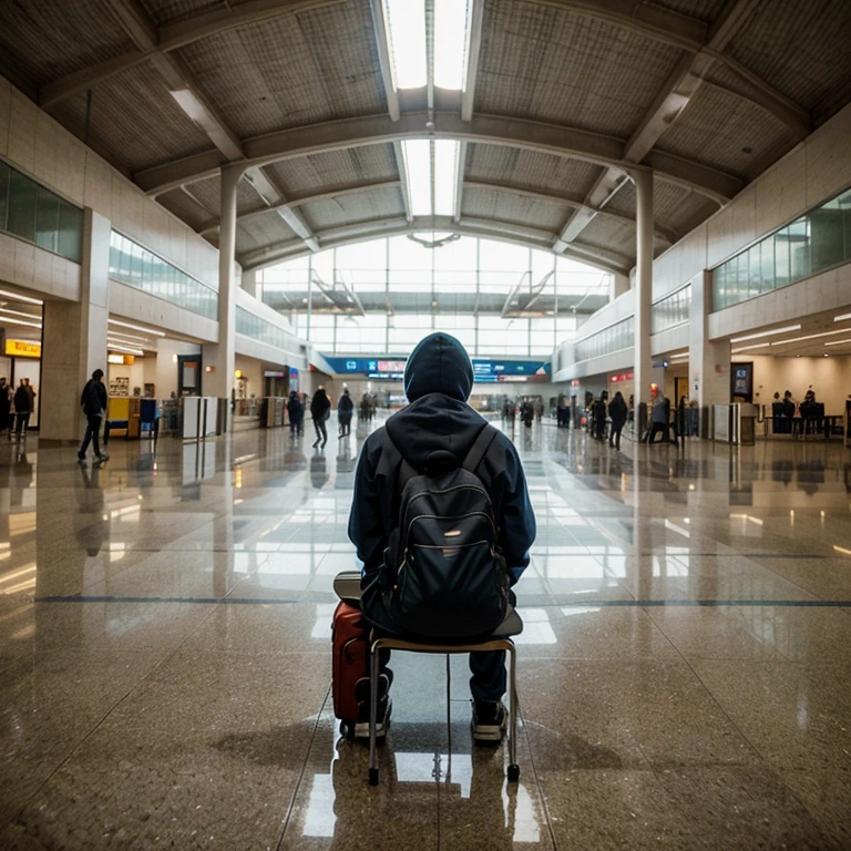From an aerial perspective, the vast expanse of an airport terminal stretches out beneath us. The polished floors reflect the overhead lights, casting a gentle glow throughout the bustling space. Rows of seats are neatly arranged in clusters, with travelers scattered about, each immersed in their own world of anticipation and waiting.
In the midst of this organized chaos, a young man with a hood on sits alone. We see him from behind, his figure slightly hunched as he leans forward, perhaps lost in thought or absorbed in the screen of a smartphone. His backpack rests beside him, an indication of his journey, either just beginning or about to conclude. The scene captures a moment of solitude within the hive of activity, highlighting the personal stories that unfold in such transient places.