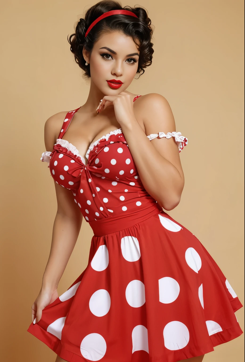 Photo of famous model Ellen Rosa, Brazil , she has big lips she is mulatto, ?????? and emotional culture, She is Brazilian and has curly hair., creating a mysterious and ???? image. Model dressed in pin-up style with dark hair styled in pin-up style "victory rolls" and curly bangs. Her plump red lips make her look ????. She has average ?????? size. She portrays a pin-up model, posing in various ?????? positions. Against a white background, she appears in a red retro dress with large polka dots with a fluffy, voluminous ballerina skirt. She has a red bandana on her head, and on his feet - red stockings. The photo is made in pin-up style, emphasizing the retro-USA vibe. 