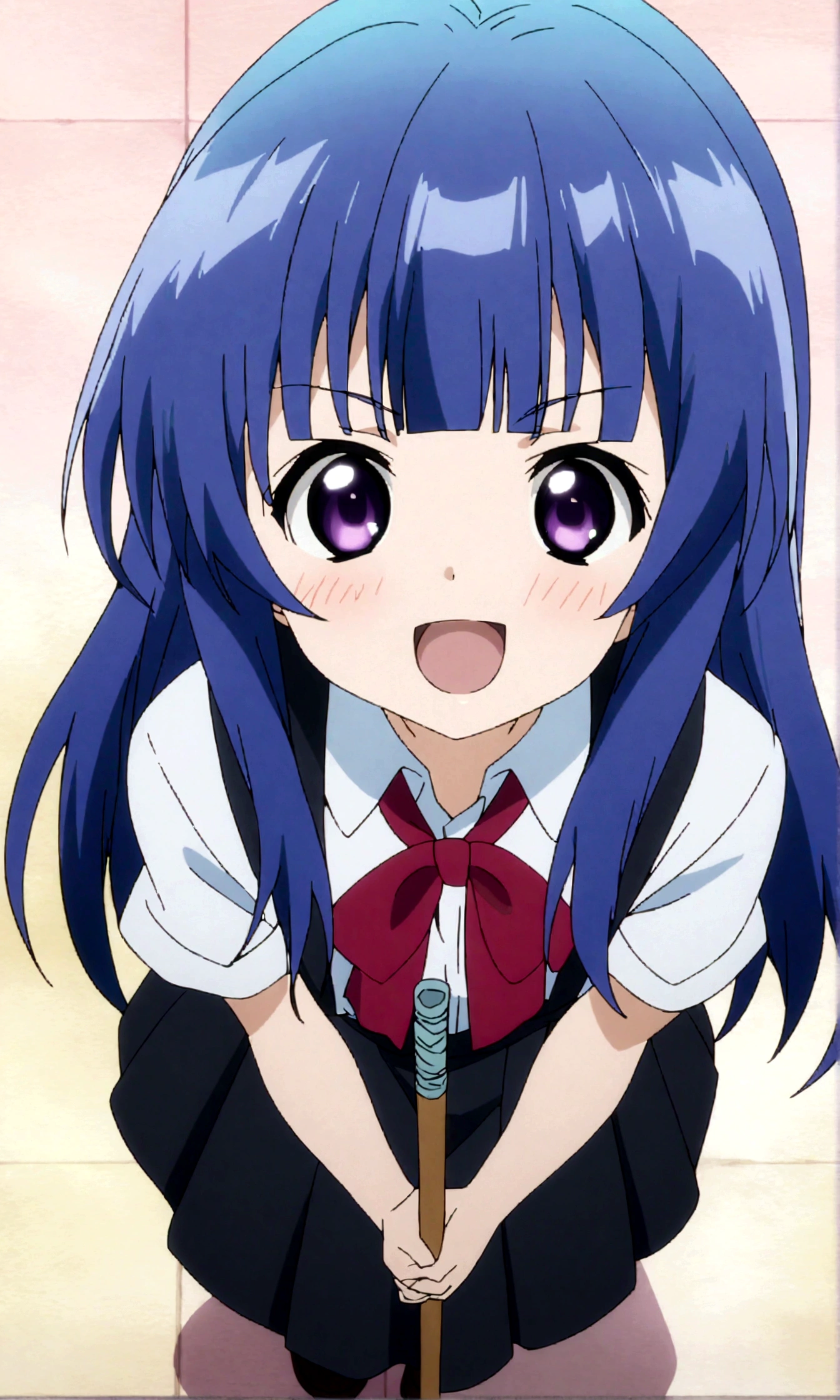 score_9,score_8, score_8_up, BREAK 1girl, solo, furude rika, (tween), kawaii, blue hair, purple eyes, long hair, blunt bangs, bangs,straight-on,from above, bow, skirt, shirt, suspenders, smile, short sleeves, pleated skirt, white shirt, open mouth, :d, red bow, facing viewer,^_^, suspender skirt, , black skirt, collared shirt, blush, bowtie, blunt bangs, dress shirt,masterpiece, best quality, source_anime,anime screencap,anime coloring,standing,fullbody,v arms,stance,holding mop,simple background, white background.