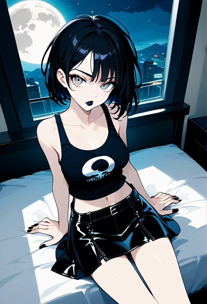 mature woman, goth, hot face, black lipstick, tongue out, bored expression, pissed expression, hot face, sharp eyes, gray eyes, short hair, messy hair, black hair, slim body, medium breast, sitting on bed, bed next to window, above view, apartment room, plain white room, (dim lighting room, dark room, night, moon light, night view), looking up at viewer, (short skirt, leather skirt, tank top, midriff, black clothes) 