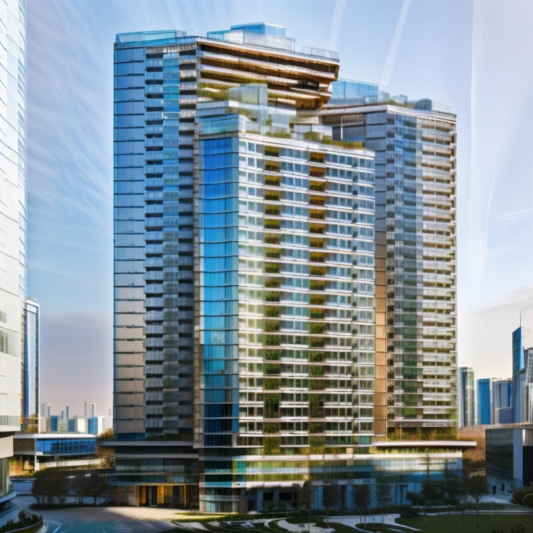 masterpiece, high quality:1.5), (8K, HDR, high resolution, extremely detailed), Photo-realistic futuristic cityscape with sparkling glass skyscrapers, soft lighting morning, car entrance roads, peaceful atmosphere, clear blue sky, white clouds, modern architecture, 3D perspective, park in front of the building, warm light inside the building.