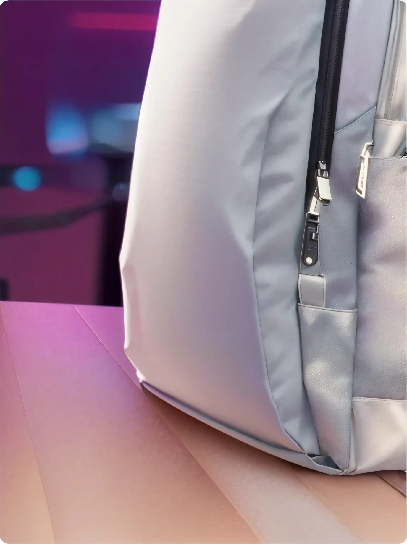 there is a white backpack with a purple light on the table, bottom corner, in the background, Volumetric backlight, detailed image, Alternate angle, detailed shot, Detailed snapshot, detailed portrait shot, with photorealistic lighting, On the background, backpack, semi-realistic render, disco backpack with remote control, vibrant and dynamic, soft lighting, Incredibly realistic