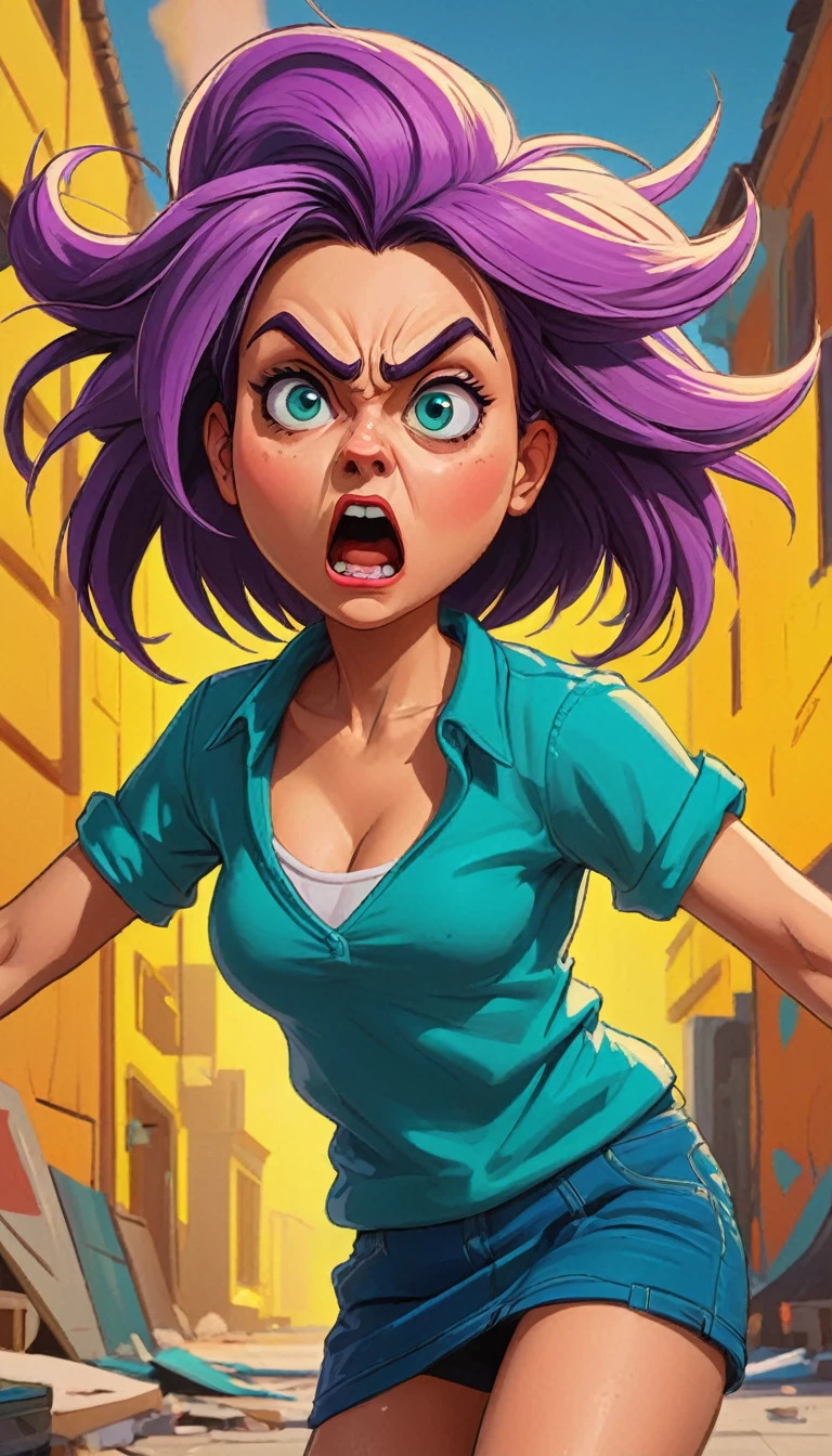 a small mean girl, 1girl, angry expression, big exaggerated eyes, pointy nose, sharp teeth, messy disheveled hair, glaring, scowling, hands on hips, caricature, cartoon style, exaggerated features, bright vibrant colors, dynamic pose, humorous, comical, satirical, digital painting, (best quality,4k,8k,highres,masterpiece:1.2),ultra-detailed,(realistic,photorealistic,photo-realistic:1.37)