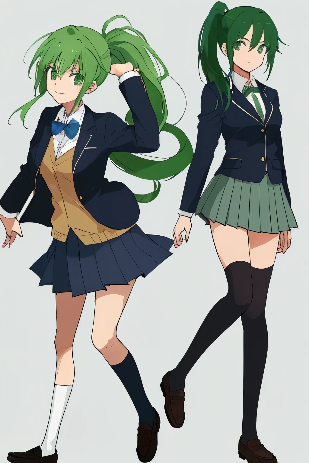 whole body Women high school student Green Hair ponytail loafers Blazer uniform smile