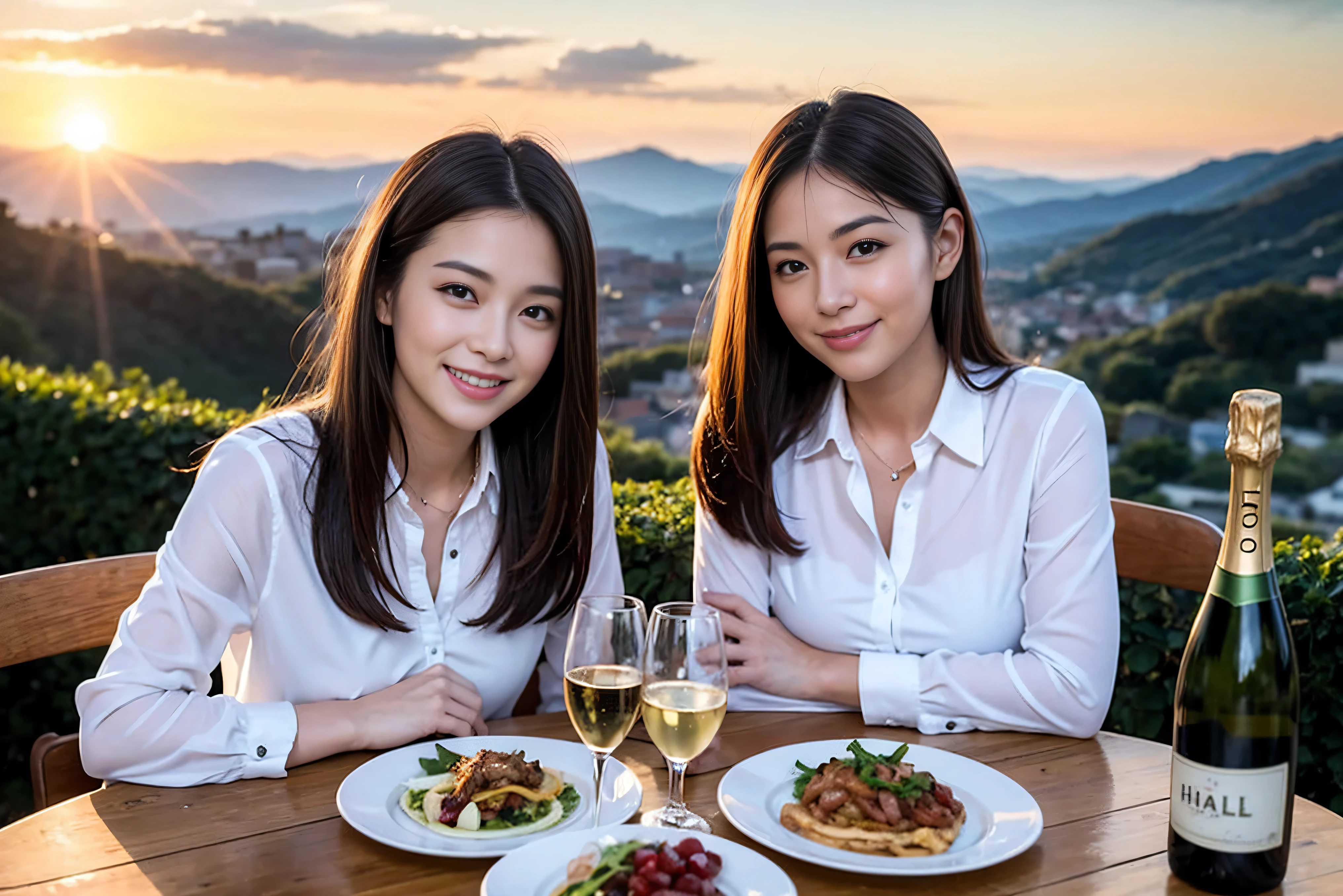 ((highest quality、8k、masterpiece:1.3))、1 male、1 female、lover、Beautiful couple、Smile、 (Slim face), (the body is スリム), (Brown Hair), (Shortcuts), ((Bob Hale、Straight hair:1.2)), Wine glass on the table、Please shine a light on my face、 Amazing view of the sunset sky and clouds、Amazing mountain views、The beauty of a smile、Bright image、Blushing, Shortcuts,Bright Face、 (42 years old), 39 years old, red wine 、Appetizers、Italian food、Wine bottle、Champagne、sparkling wine、Long sleeve shirt、dress、Attractive beauty、restaurant, Nova Frog Style, actress, model, Upper Body, White wine, red wine, wine glass,
