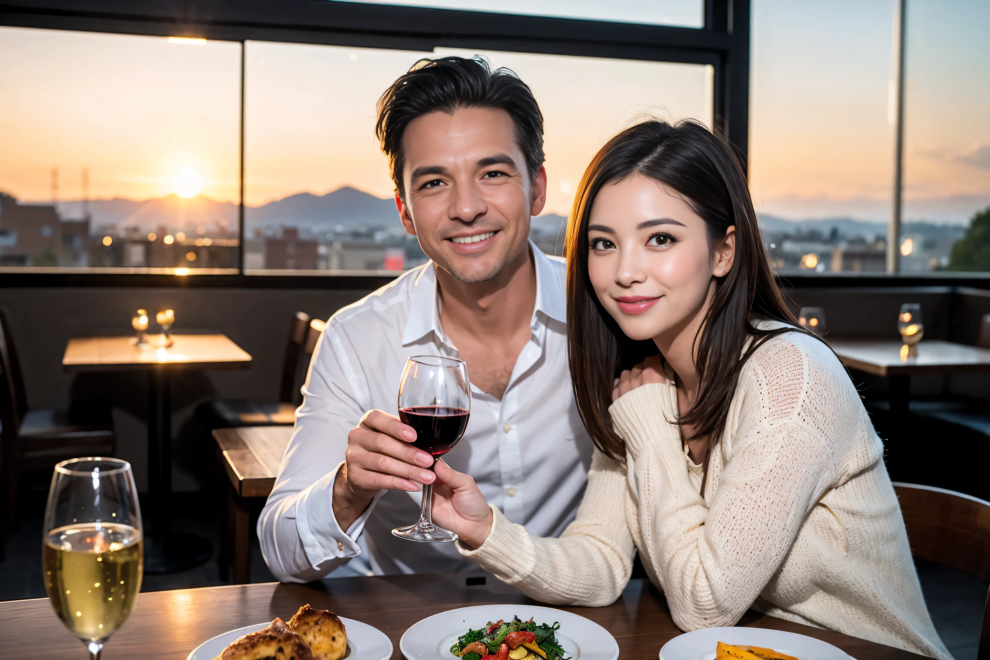 ((highest quality、8k、masterpiece:1.3))、1 male、1 female、lover、Beautiful couple、Smile、 (Slim face), (the body is スリム), (Brown Hair), (Shortcuts), ((Bob Hale、Straight hair:1.2)), Wine glass on the table、Please shine a light on my face、 Amazing view of the sunset sky and clouds、Amazing mountain views、The beauty of a smile、Bright image、Blushing, Shortcuts,Bright Face、 (42 years old), 39 years old, red wine 、Appetizers、Italian food、Wine bottle、Champagne、sparkling wine、Long sleeve shirt、dress、Attractive beauty、restaurant, Nova Frog Style, actress, model, Upper Body, White wine, red wine, wine glass,