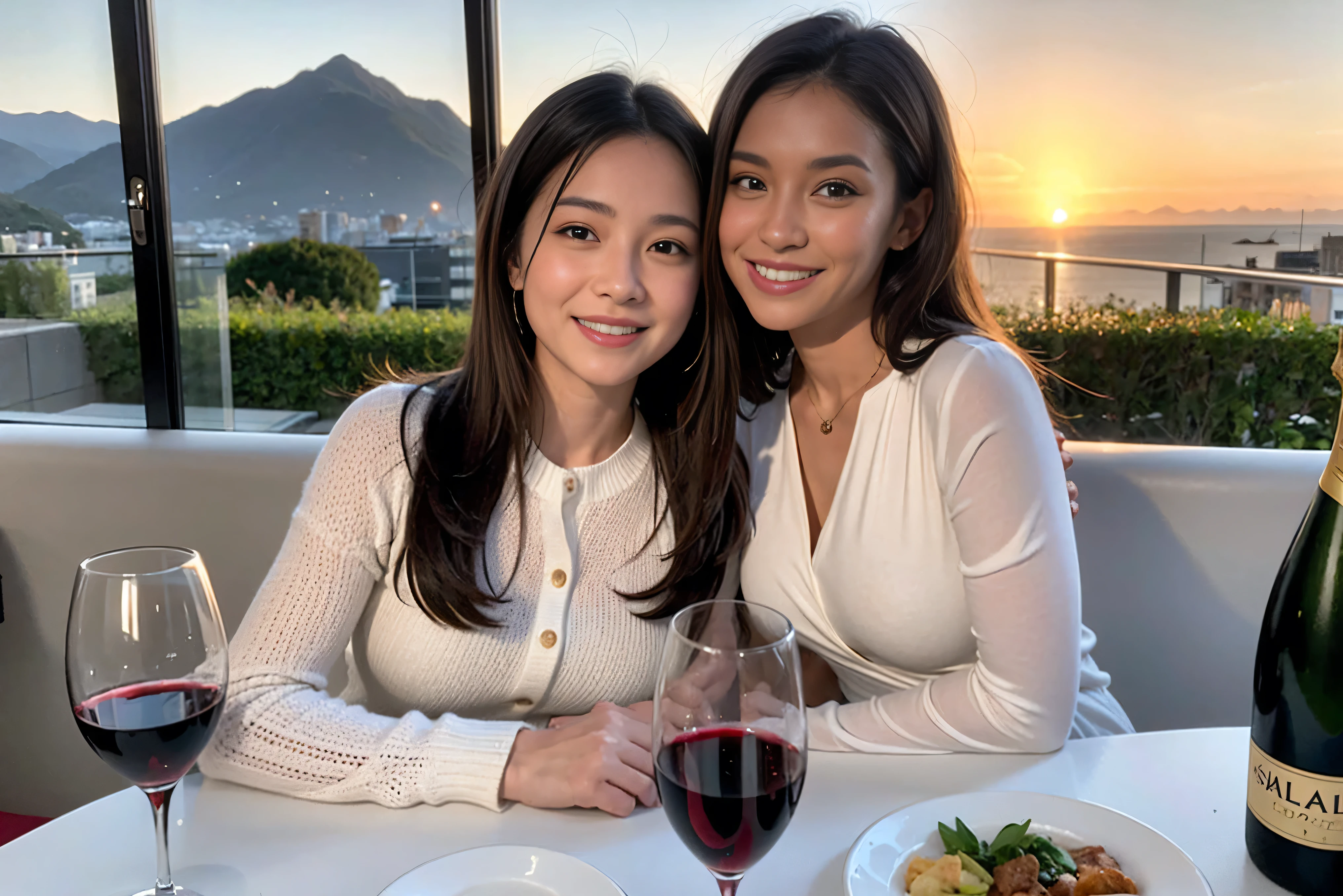 ((highest quality、8k、masterpiece:1.3))、1 male、1 female、lover、Beautiful couple、Smile、 (Slim face), (the body is スリム), (Brown Hair), (Shortcuts), ((Bob Hale、Straight hair:1.2)), Wine glass on the table、Please shine a light on my face、 Amazing view of the sunset sky and clouds、Amazing mountain views、The beauty of a smile、Bright image、Blushing, Shortcuts,Bright Face、 (42 years old), 39 years old, red wine 、Appetizers、Italian food、Wine bottle、Champagne、sparkling wine、Long sleeve shirt、dress、Attractive beauty、restaurant, Nova Frog Style, actress, model, Upper Body, White wine, red wine, wine glass,