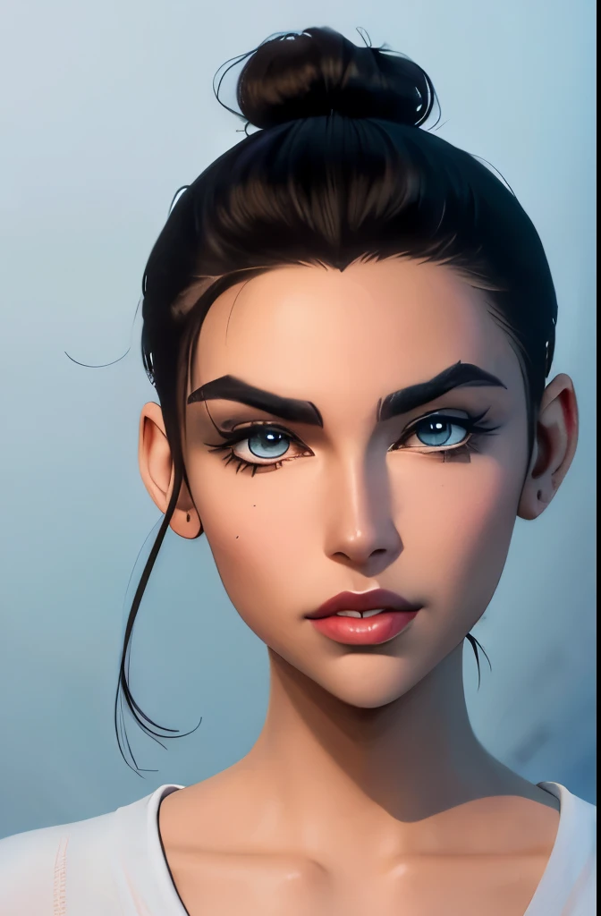 ((( portrait))) of beautiful brunette (female) in her 30s ,mature look, (small mouth) but (thick kissable lips), shy gaze, ((((tiny snob nose)))) ,( prefect shaped eyes),((blue eyes)) ,long eyelashes, eyeliner ,((( thick eyebrows))) , charming, cute , ((( sleek slicked back hair bun ))), ( black hair), fair skin, modern look, stylish , classy, wearing Unbuttoned classic shirt, clivage , ((Castlevania style)), (90s retro style), 3d style