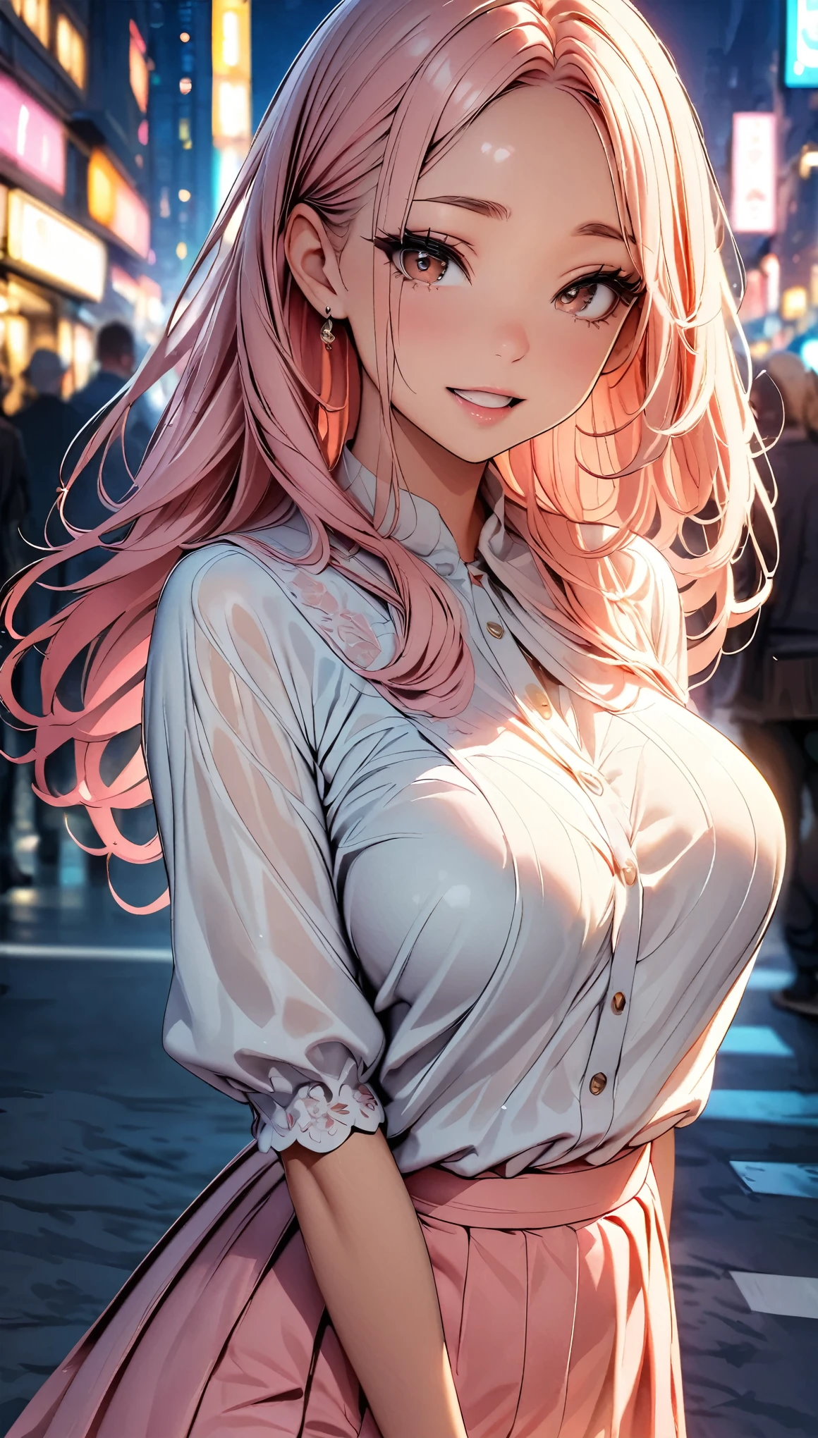(highest quality, 8k, 4K, High resolution, masterpiece:1.2), Very detailed, Beautiful illustrations, Bright colors, Lens flare, Natural light, one person, woman, Beautiful facial details, Beautiful Eyes, Long eyelashes, Soft lips, (Small face), (Light red hair, Long Hair, Brown eyes), Perfect Face, Shiny skin, (Beautiful breasts), Laughing with your mouth open:1.2, (blouse:1.2, pastel colour), (Gazing at the viewer, Cowboy Shot), bustling street, City lights, Light and shadow with attention to detail, Background blur.