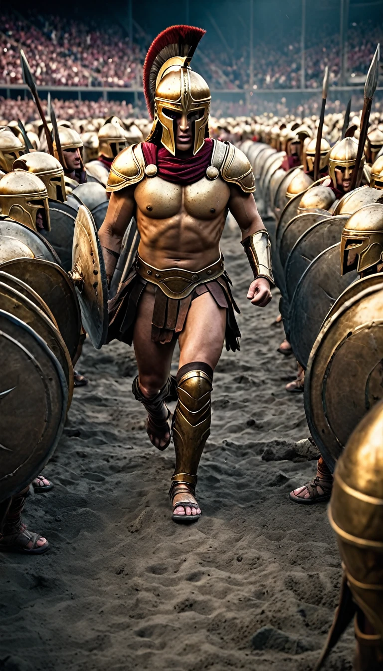 Cinematic style, Create a detailed image of the annual Spartan event, featuring a massive arena where the best Spartan warriors and the bravest Helot slaves prepare to battle to the death, background dark, hyper realistic, ultra detailed hyper realistic, photorealistic, Studio Lighting, reflections, dynamic pose, Cinematic, Color Grading, Photography, Shot on 50mm lens, Ultra-Wide Angle, Depth of Field, hyper-detailed, beautifully color, 8k, golden light from the front,