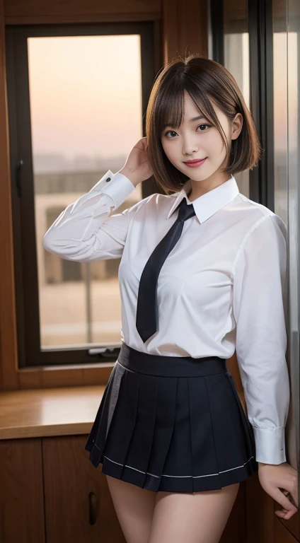 masutepiece, Best Quality, Illustration, Ultra-detailed, finely detail, hight resolution, 8K Wallpaper, Perfect dynamic composition, Beautiful detailed eyes, ribon tie, high , frilled Mini skirt, Very short bob hair, gigantic breasts, Bold sexy poses, Smile, school, 18 years girl, Cute, Sexy shot looking at camera, sunset, by the window,