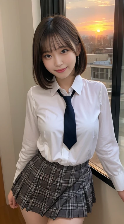 masutepiece, Best Quality, Illustration, Ultra-detailed, finely detail, hight resolution, 8K Wallpaper, Perfect dynamic composition, Beautiful detailed eyes, ribon tie, high , frilled Mini skirt, Very short bob hair, gigantic breasts, Bold sexy poses, Smile, school, 18 years girl, Cute, Sexy shot looking at camera, sunset, by the window,