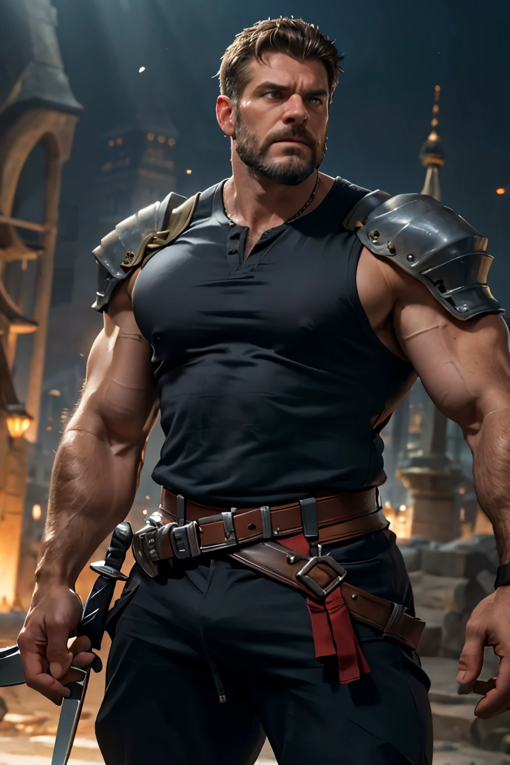 Award Winning Original Photo, Brutal Muscle Man, (40 Years Old, Father: 1.1), Single Boy, Solo, (Sleeveless Sword Style Armor), (Black Pants), (Big Shoulders), Muscles, Big Stomach, Big Chest , no shirt, light chest hair, thick body, broad body, prominent chest, visible upper part, no equipment, slightly thick face, slightly white facial hair, light whiskers, short beard, beautiful eyes: 1.3, (detailed face : 1.3), Angry Face, Dynamic Angle, Volumetric Lighting, (Best Quality, HD, Realistic), Cinematic Lighting, Masterpiece, RAW Photo, Complex Detail, HDR, Depth of Field, Upper Body Shot, Kingdom Background