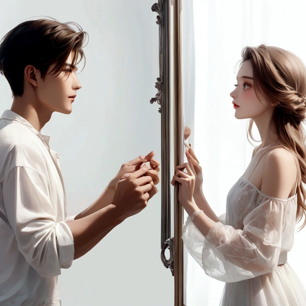 they are looking at each other in the mirror, two models in the frame, looking at each other mindlessly, beauty campaign, photoshoot, handsome face and beautiful face, photoshoot for skincare brand, looking in mirror, in romantic style, modeling photography, looking into a mirror, looking in a mirror, editorial photography, looking in the mirror, couple pose