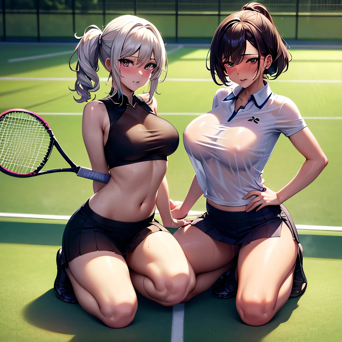 best quality,ultra-detailed,high resolution,extremely detailed CG,perfect anatomy,detailed,cinematic lighting,beautiful detailed eyes,ultra high res,(2girls:1.5),18years old,gleaming skin,oil skin,sweat,humid,trembling,strong light coming in,spot lighting,bright,revealing,nose blush,nsfw,(slut:1.2),(steam:1.2),(wet:0.8),(trembling:0.8),(drooling:0.6),(sweat:0.8),(nsfw:1.2),(Tennis uniform:1.2),(Young:1.2),Japanese,(Tennis court:1.2),large breasts,(Random Hairstyles:1.2),(full body:1.2),skirt,(Sheer tops:1.5),(lure:1.9),(Lesbian:1.9),(Taunt:1.9),(evening:1.3),Beautiful Face