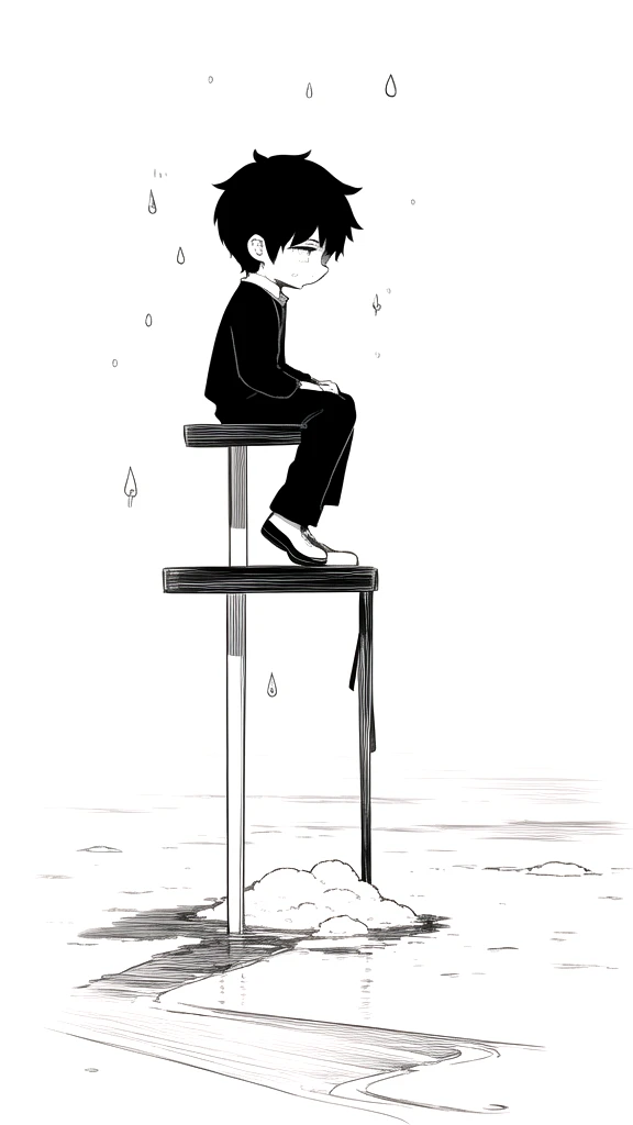 best quality, chibi, Shadow Boy,Black Hair(full body), Pure white background,Vivid,clearly,sad face,rain,snow,Are crying,shout,Man sit down on street corner,profile,Long legs